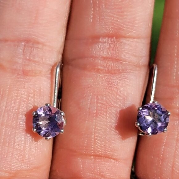 Vintage 925 sterling silver amethyst leverback drop earrings - Picture 1 of 16